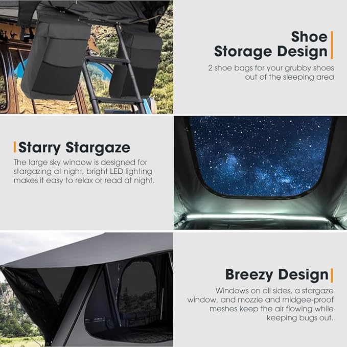 Sanhima Rooftop Tent Hard Shell - Jervis Overland Aluminium ABS Roof Top Tent w/Stargaze Window &
