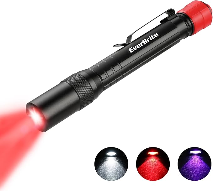 EverBrite Red Light Flashlight with 395nm Blacklight UV/White Light, Multi-Function LED Pocket Pen