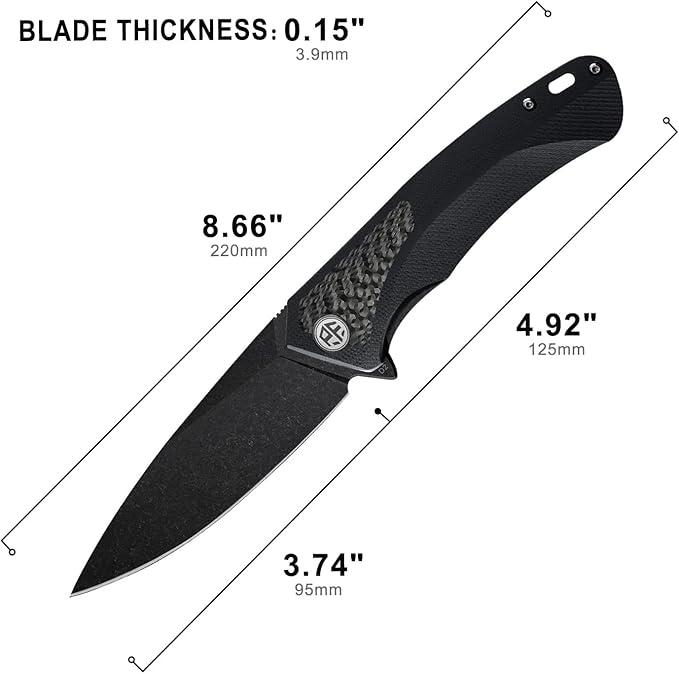Petrified fish PF838,3.74" Black Stonewashed D2 Blade,166.6g Carbon fiber & G10 Handle Flipper