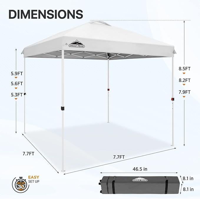 EAGLE PEAK Pop Up Canopy Tent with Wheeled Carry Bag, 8 Stakes, 4 Ropes, Easy Set Up Tent Canopy