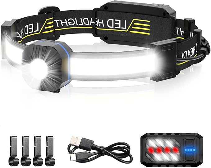 LED Headlamp, 1000lumens 230° Widebeam Headlight, USB Rechargeable HeadLamp with Red Taillight