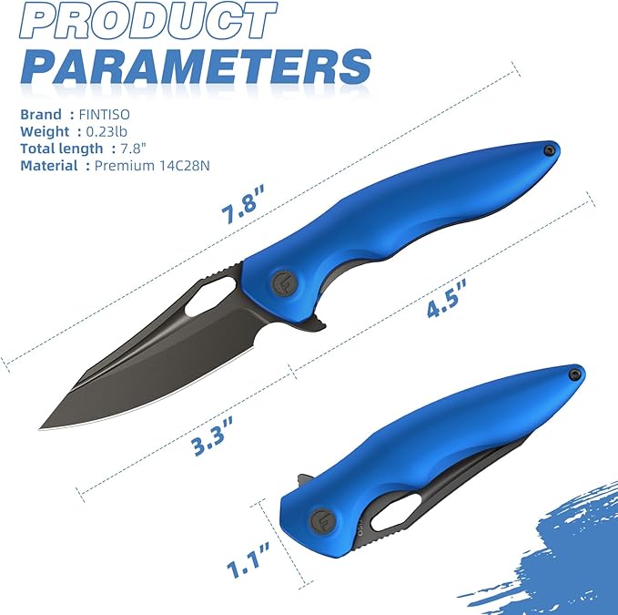 FINTISO Apollo Pocket Knife, 3.3" 14C28N Blade Aluminum Alloy Handle Folding Knife with Liner Lock