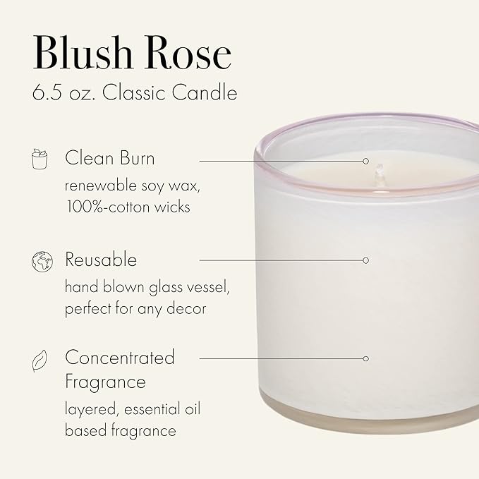 LAFCO New York Classic Candle, Blush Rose - 6.5 oz - 50-Hour Burn Time - Reusable, Hand Blown Glass