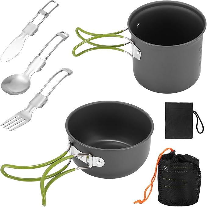 SS SUNSBELL Camping Cooking Set, Non-Stick Camping Pot and Pan Set, Portable Camping Cookware with