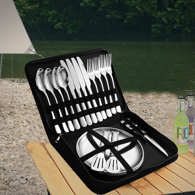 Camping Silverware Silver Picnic Plates and Utensils Set for 4 Portable Tableware Stainless Steel