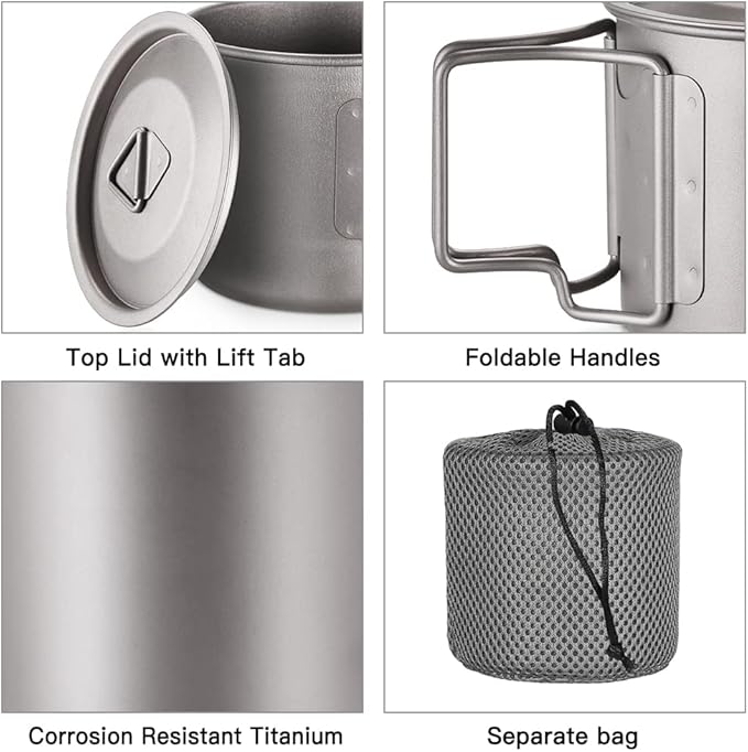 Lixada Titanium Pot, Lightweight Camping Pot Titanium Cup Titanium Backpacking Pot with Portable
