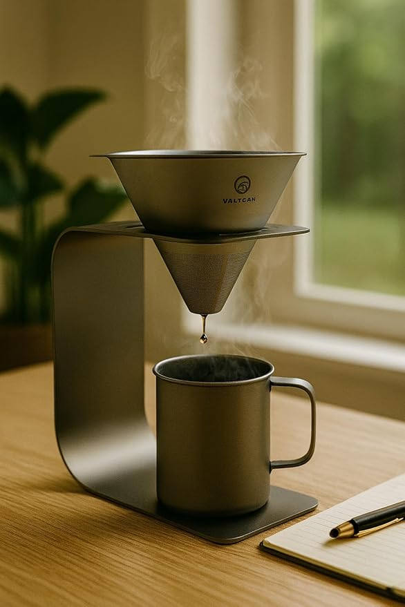 Valtcan Titanium Pour Over Coffee Maker Set – Reusable Metal Filter, Cone Dripper, Mug Stand