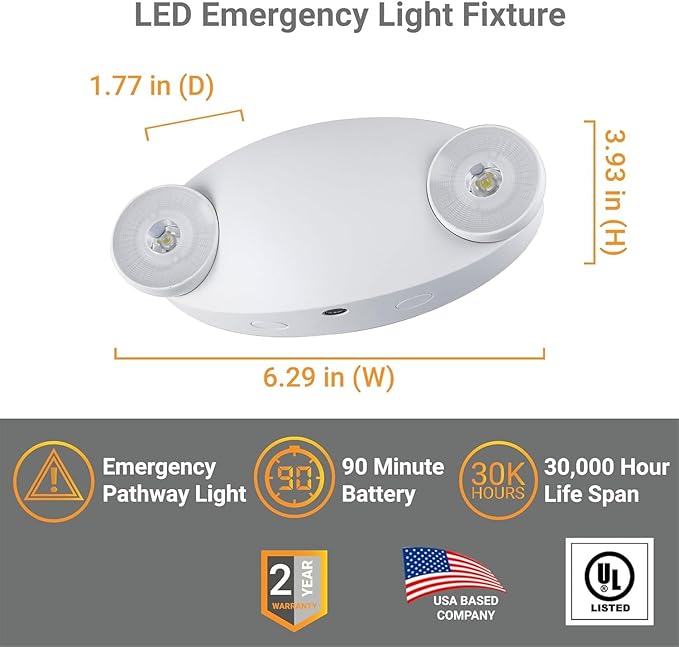 Diodesy- LED Emergency Light Fixture 2 Head Adjustable 90-Min Battery Backup 2W 6500K Daylight