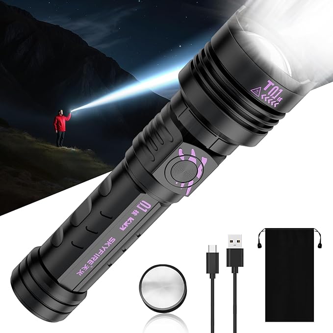 SKYFIRE Rechargeable Flashlights High Lumens: LED Super Bright Flashlight Zoomable with 5 Modes