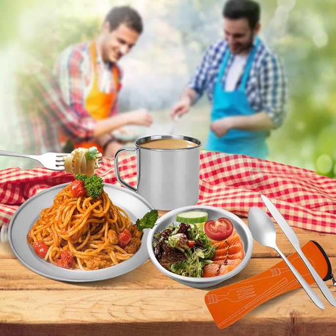 Stainless Steel Camping Cutlery Set - 8 Piece, Includes Spoons, Mugs, Bowls, Plates, Rags &