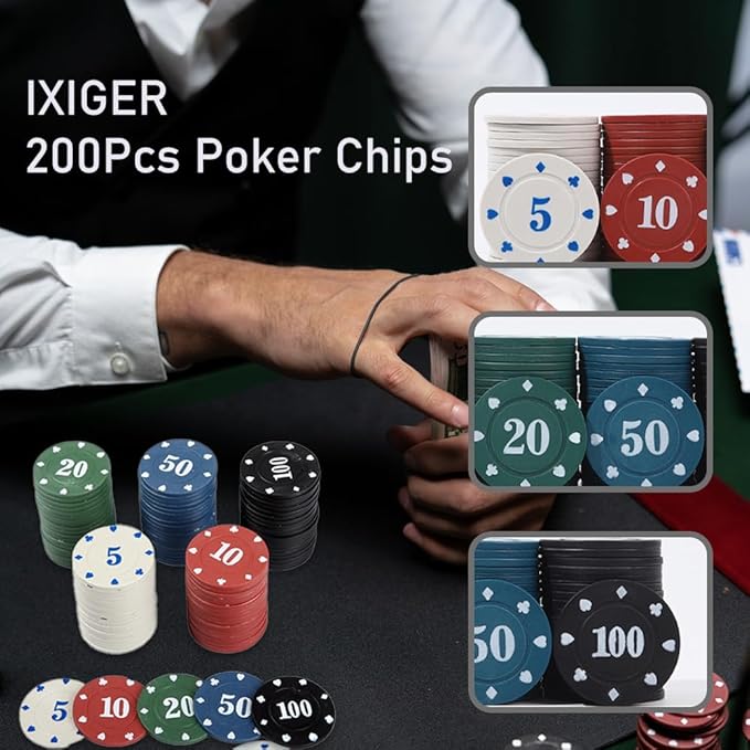 200Pcs Poker Chips, Poker Chips Set with Denominations for Card Board Game, Plastic Game Chips with
