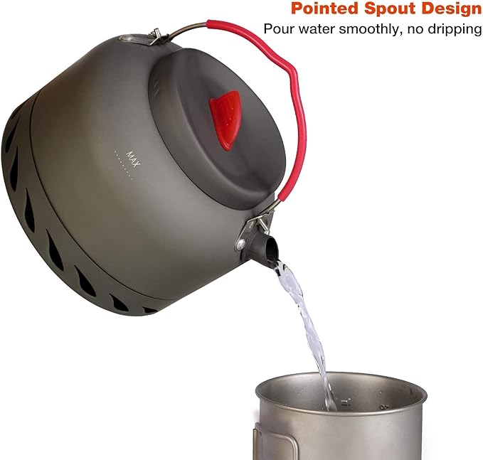 REDCAMP 1.4L Outdoor Camping Kettle with Heat Exchanger, Aluminum Camp Tea Kettle with Carrying