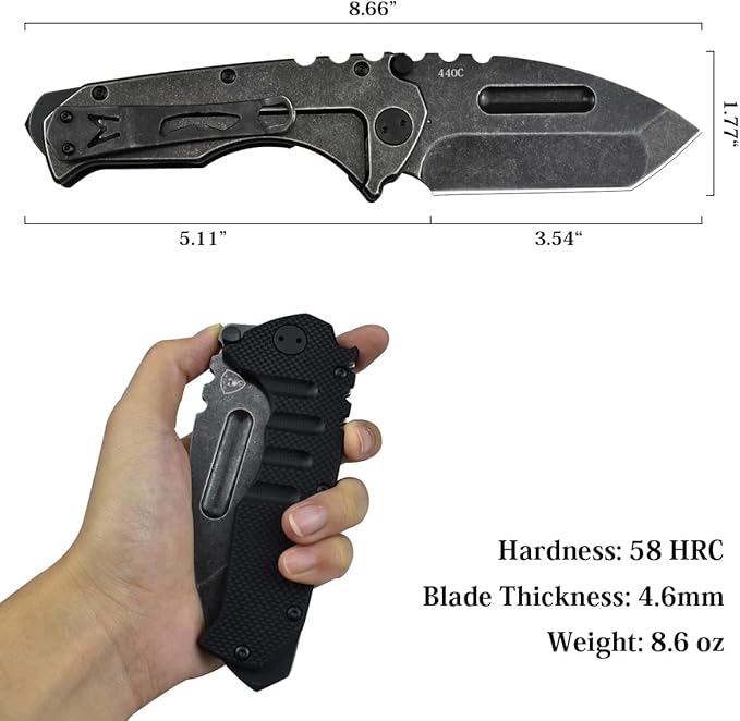 AUBEY Folding Pocket Knife with Tanto Tumbled 440C Steel Blade, Frame Lock, Black G10 Handle, Clip