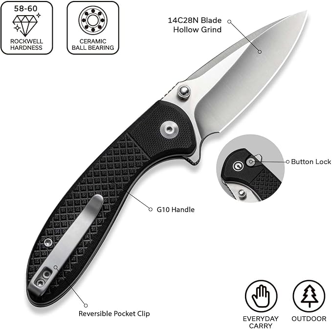 CIVIVI Faeger Pocket Folding Knife for EDC, 2.98" Swedish 14C28N Blade G10 Handle, Reversible Clip