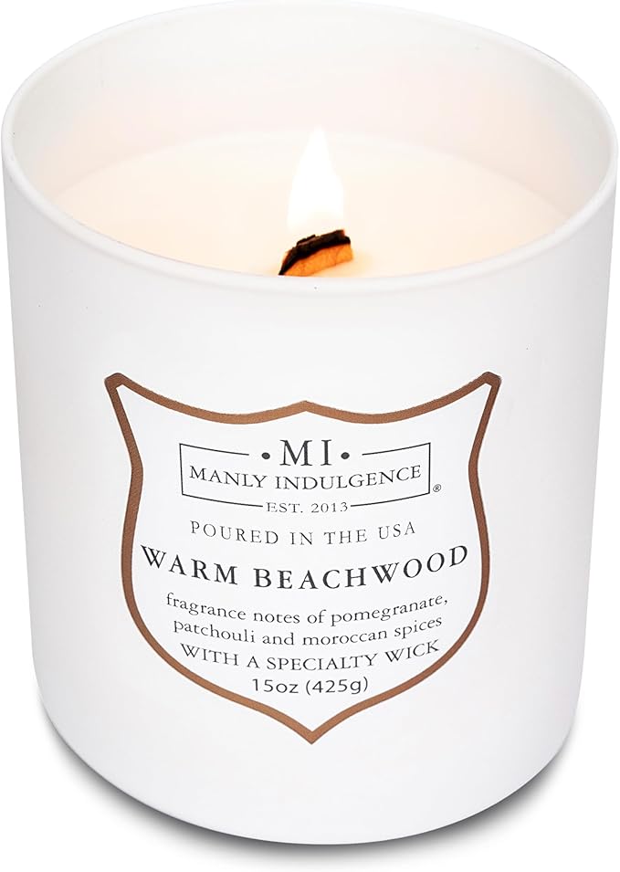 Manly Indulgence Warm Beachwood Scented Candles for Men, 15 oz Wooden Wick, Premium Soy Blend Wax