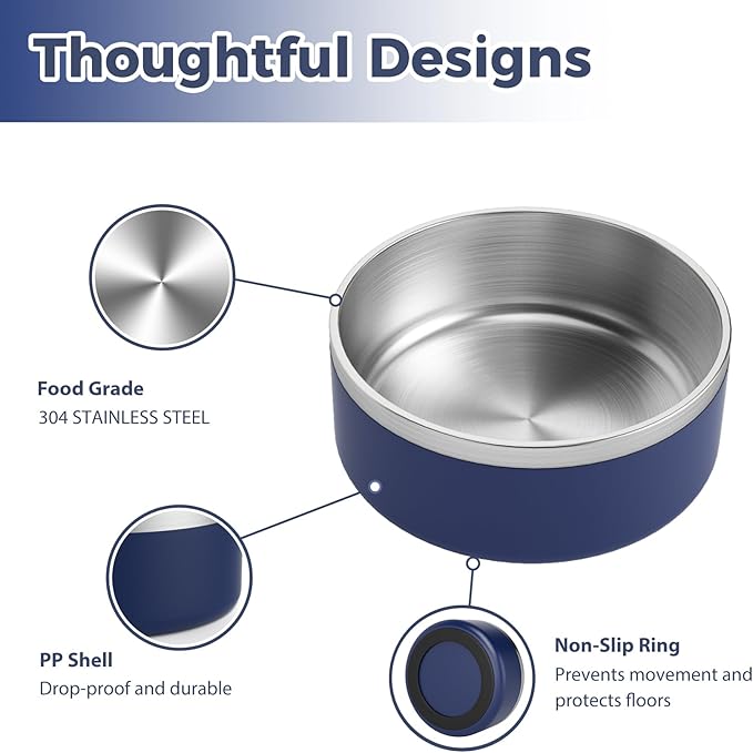 Stainless Steel Dog Bowl, Metal Water and Food Dish for Large Dogs, Insulated Non-Slip Pet Bowl