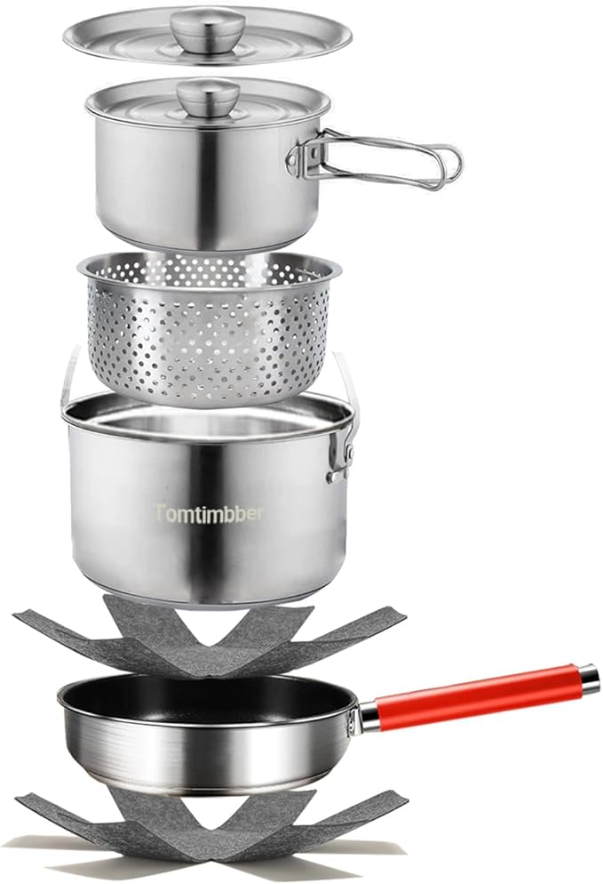 Camping Cookware Set 304 Stainless Steel Cooking Pots Pan Set with Travel Tote Bag For Camping