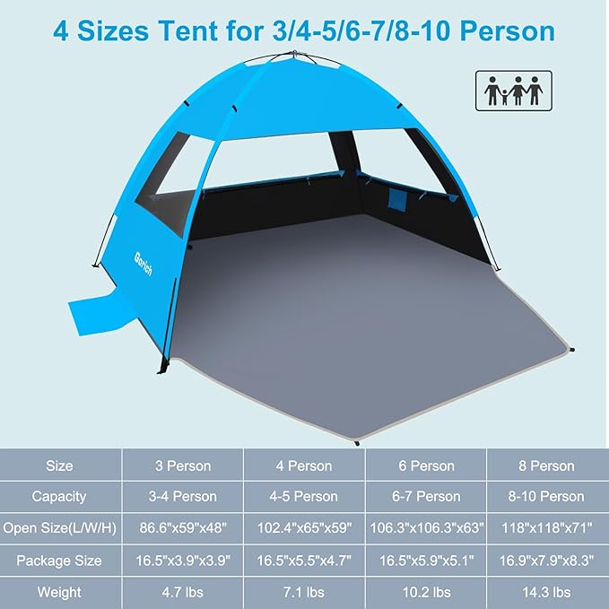 Gorich Beach Tent Sun Shelter for 3/4-5/6-7/8-10 Person with UPF 50ï¼?UV Protection, Lightweight &