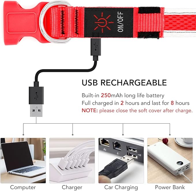 YFbrite Light up Dog Collar, USB Rechargeable LED Puppy Collar Super Bright Adjustable Glowing Dog