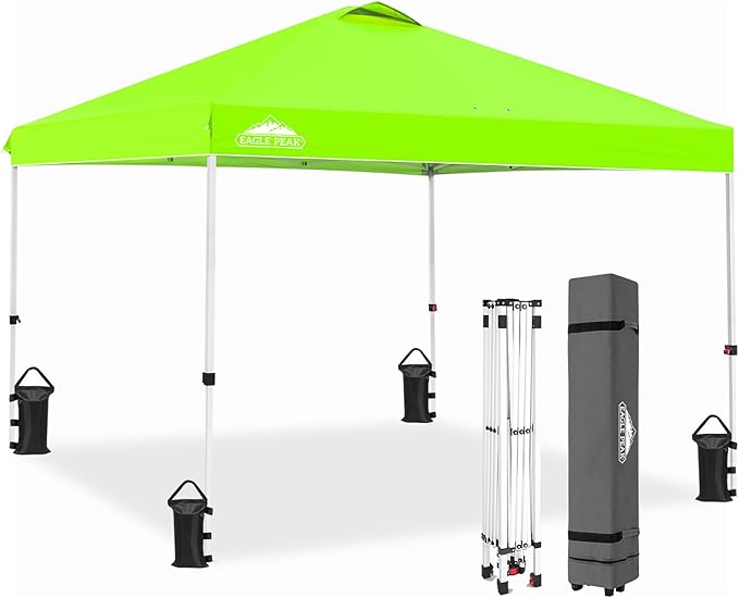 EAGLE PEAK Pop Up Canopy Tent with Wheeled Carry Bag, 8 Stakes, 4 Ropes, 4 Weight Bags, Easy Set Up