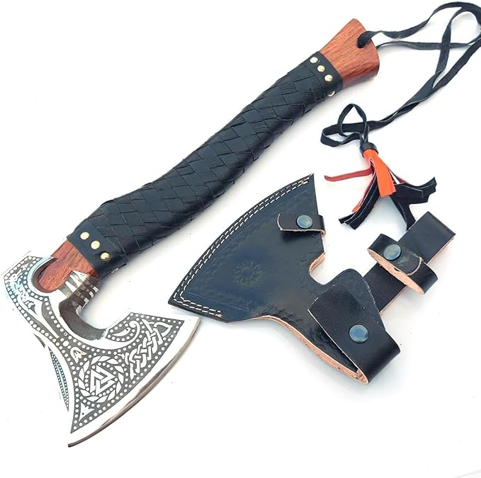 AX-7000 Custom Gift Forged Carbon Steel Viking Axe with Rose Wood Shaft, Viking Bearded Camping Axe