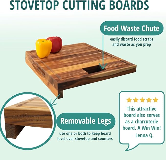 EcoDecors, Teak Edge Grain Cutting Board 17"x18", Solid FSC Teak Wood Butcher Block with Juice
