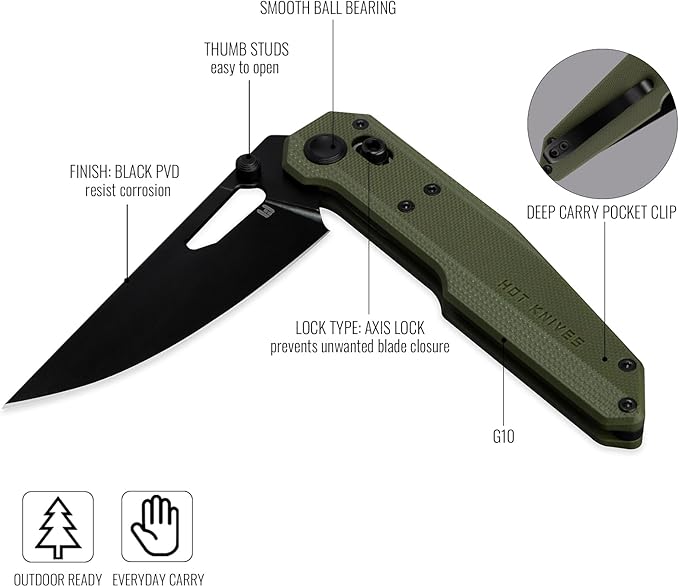 Sharplyn Folding Pocket Knife, 3.6" 14C28N Steel Blade with Black PVD Non-Slip OD Green G10 Handle
