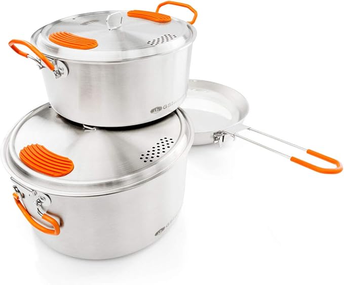 GSI Outdoors Glacier Stainless Steel Base Camper - Medium - 3 Pieces Cookset - Compact, & Durable
