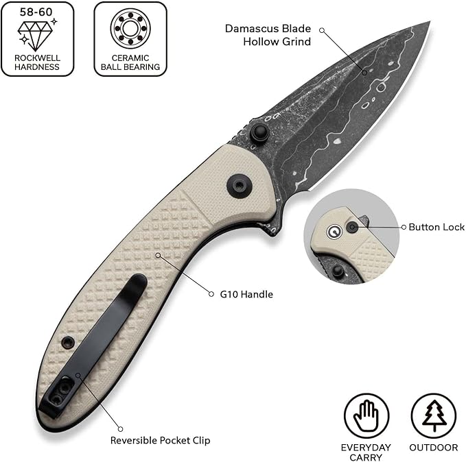 CIVIVI Faeger Pocket Folding Knife for EDC, 2.98" Damascus Blade G10 Handle, Reversible Clip for