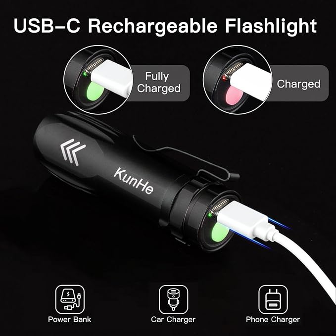 KunHe 10 Pack Small Rechargeable Flashlights Bulk USB-C Mini High Lumen Flashlight Clip-on Portable