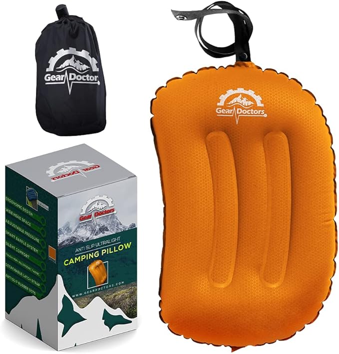 Gear Doctors Camping Inflatable Pillow, Backpacking - Blow Up Camp Pillow for Camping (Orange)