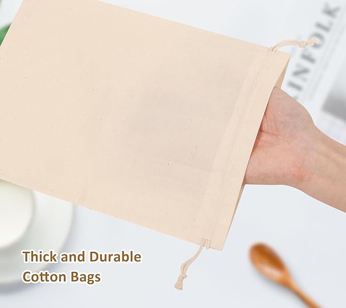 10PCS Cotton Storage Bags with Drawstrings, X-Large 14x17inch Multipurpose Canvas Fabric Bread