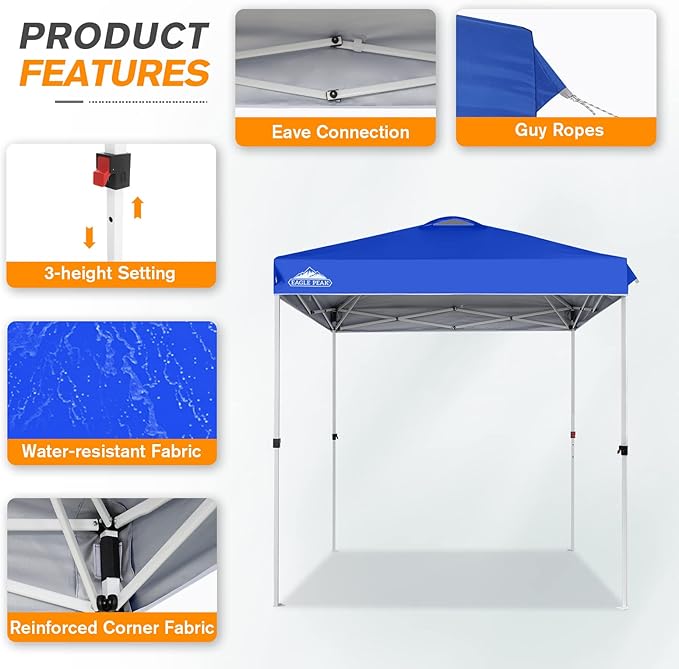 EAGLE PEAK Pop Up Canopy Tent with Wheeled Carry Bag, 8 Stakes, 4 Ropes, Easy Set Up Tent Canopy