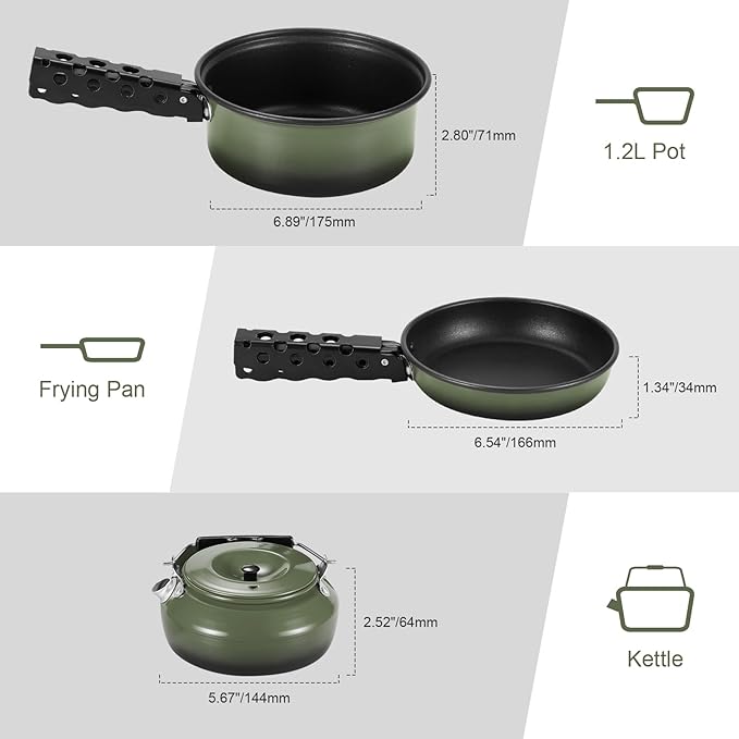 Odoland 5pcs Camping Cookware Non-Stick Camping Pot and Pan Set with Kettle and Removable Handle