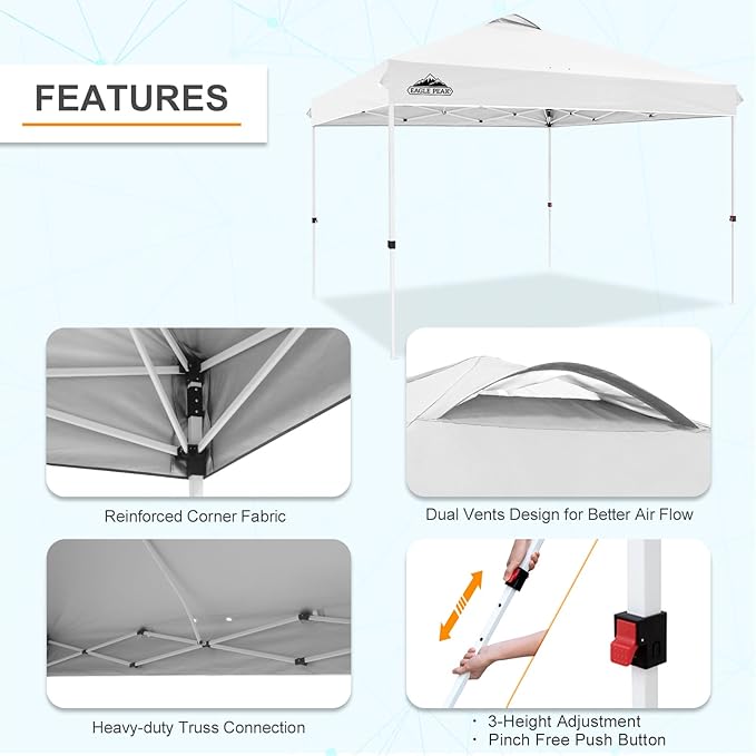 EAGLE PEAK Pop Up Canopy Tent with Wheeled Carry Bag, 8 Stakes, 4 Ropes, 4 Weight Bags, Easy Set Up