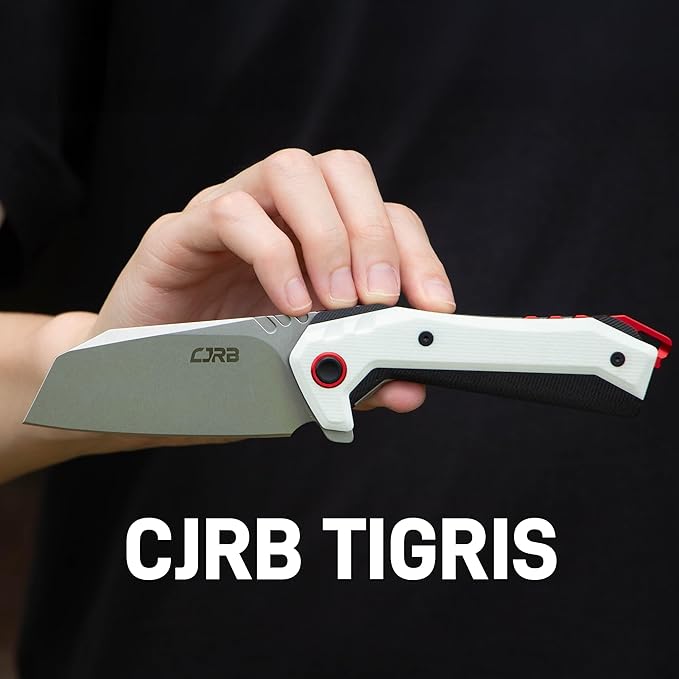 CJRB Tigris Pocket Knife, Folding Knife with AR-RPM9 Powder Steel Stonewash Blade Black & White G10