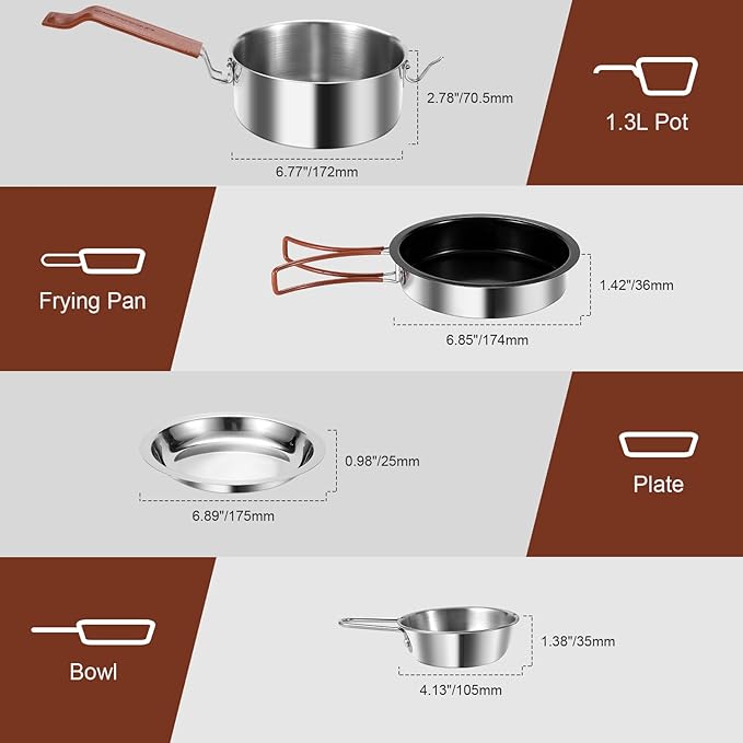 Odoland 10pcs Camping Cookware Stainless Steel Camping Pot and Pan Set with Plate Bowl Fork Knife