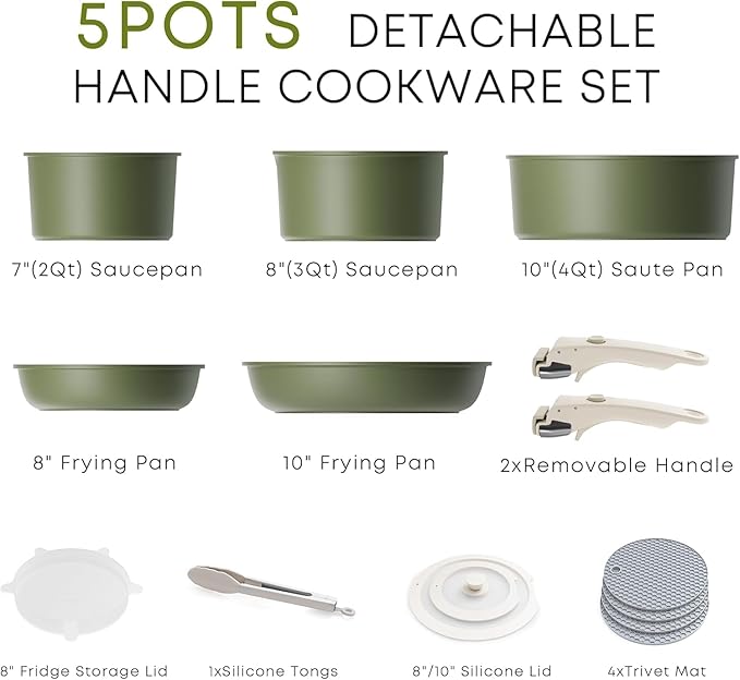 Caannasweis Detachable Nonstick Cookware Set - Stackable Induction Pots and Pans With Removable