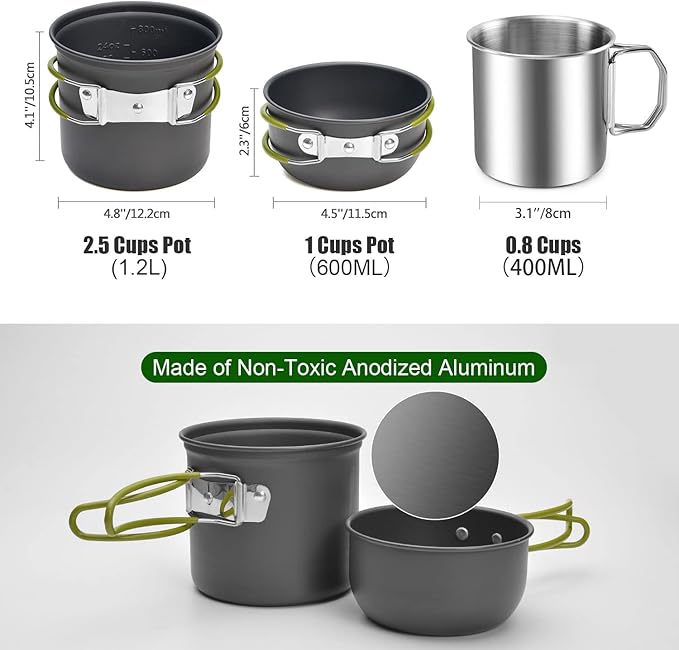 Odoland 8pcs Camping Cookware Mess Kit, Camping Pot and Pan Set with Mini Backpacking Stove