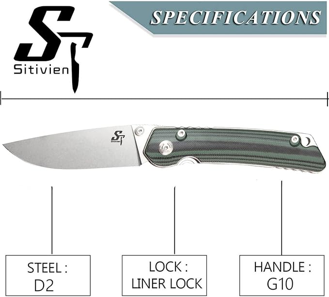 Sitivien ST128 Folding Knife,D2 Blade G10 Handle Safety Liner Lock EDC Tool Knife for Outdoor