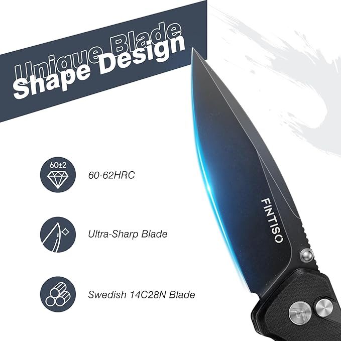 FINTISO Pocket Knife, 3" 14C28N Steel Blade G10 Handle Small EDC knife with Button Lock, Sharp
