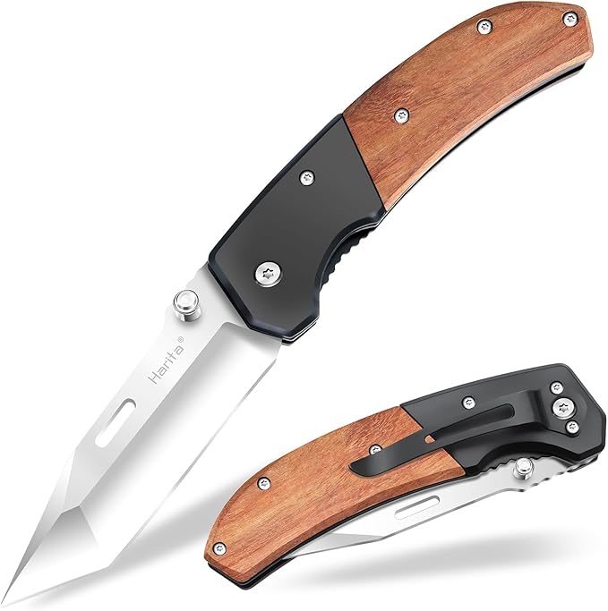 Harita Pocket Knife for Men, Folding Utility with Pocket Clip, Wood Handle EDC for Women with 3.4″