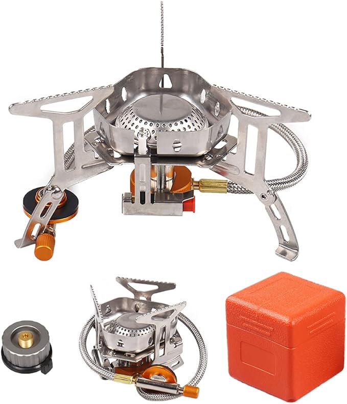 Windproof Portable Backpacking Stove Burner with Piezo Ignition,Stove Adapter,Plastic Storage