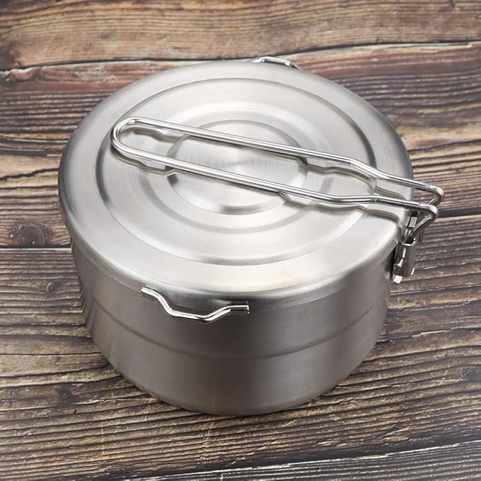 Lixada Stainless Steel Camping Cook Pot 1.5L with Lid and Folding Handle, Large Capacity Bento Pot
