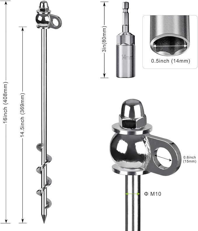 4 Pack Tent Stakes, 16 Inch Heavy Duty Ground Anchors, Full Welding, Easy to Screw in and Reusable