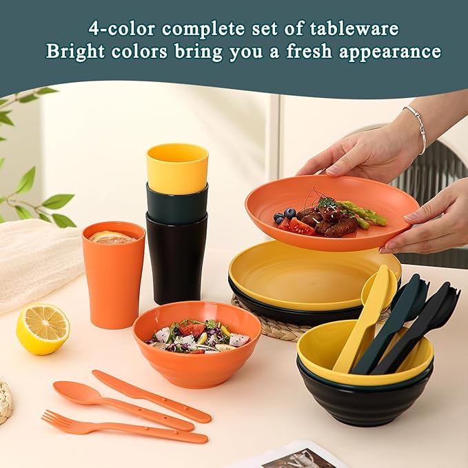 Camping Mess Kit for 4 with Bowl, Plate, Cup, Spoon, Fork, Knife and Carry Bag, Plastic Camping