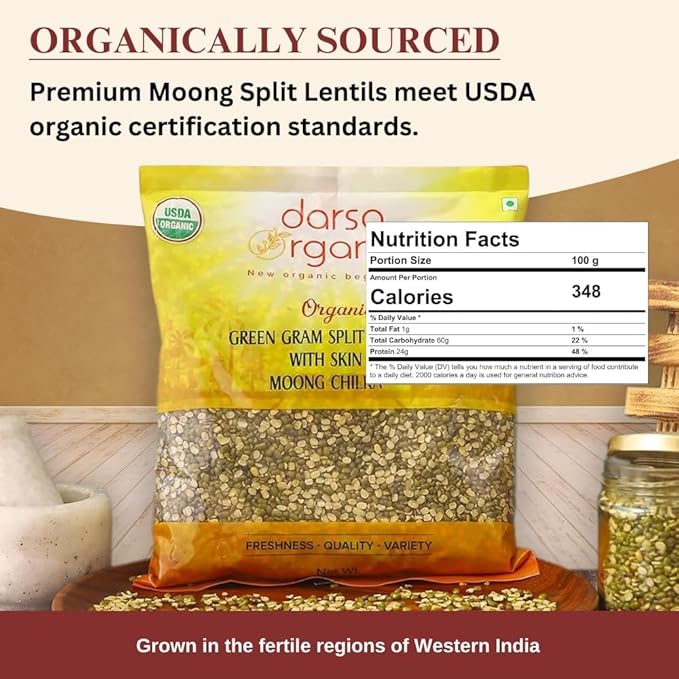 Darsa Organics Mung Split Lentils with Skin, Moong Dal with Skin 2 lb - USDA Organic Green Lentils
