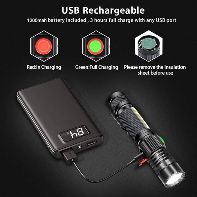 Hoxida Rechargeable Flashlight(Battery Included), Magnetic LED Flashlight with COB sidelight, 1200