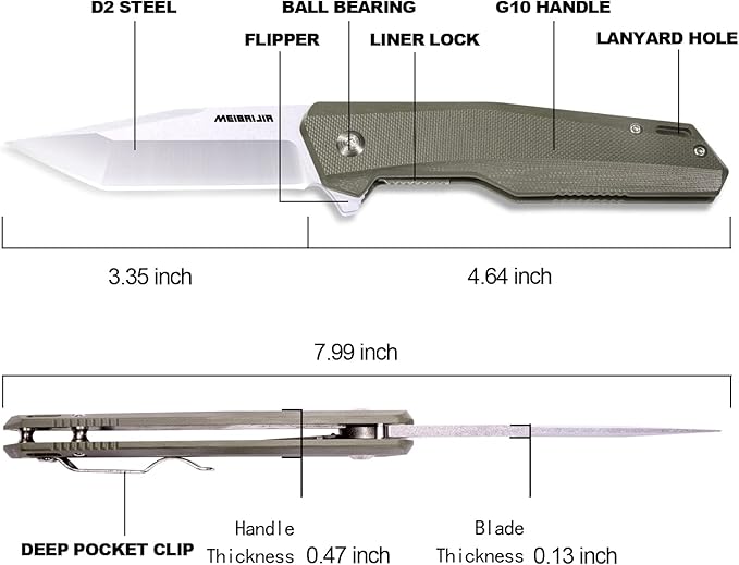 Pocket Knife D2 Blade Folding Knife with G10 Handle, Smooth Flipping Action EDC Knife with Ball