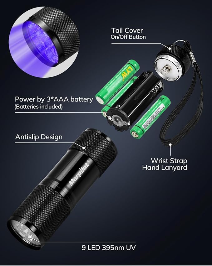Morpilot Black Light Flashlight Mini UV Flashlight: 395nm Blacklight Flashlights, 9 Led Pet Urine